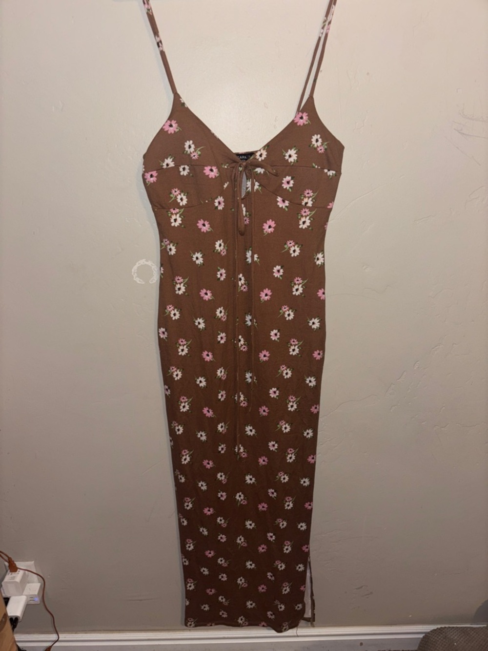 Brown Floral Maxi Dress with Pink & White Daisy Print